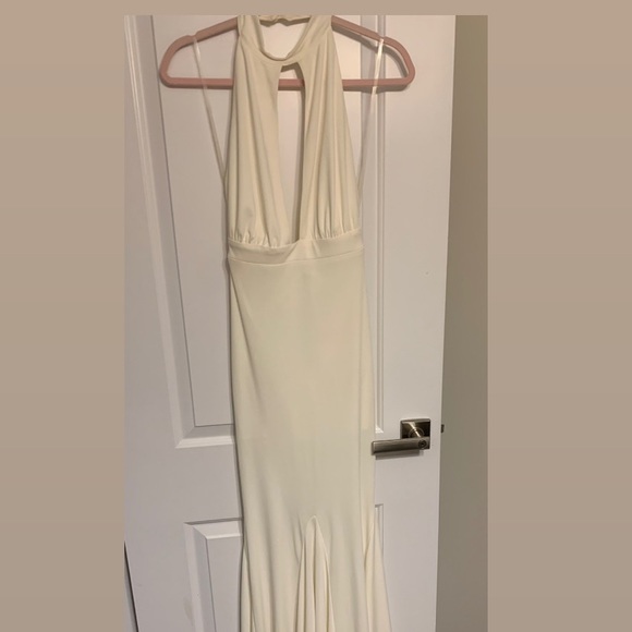 HONEY- ivory halter maxi formal dress with an open back and mermaid bottom. - Picture 5 of 7